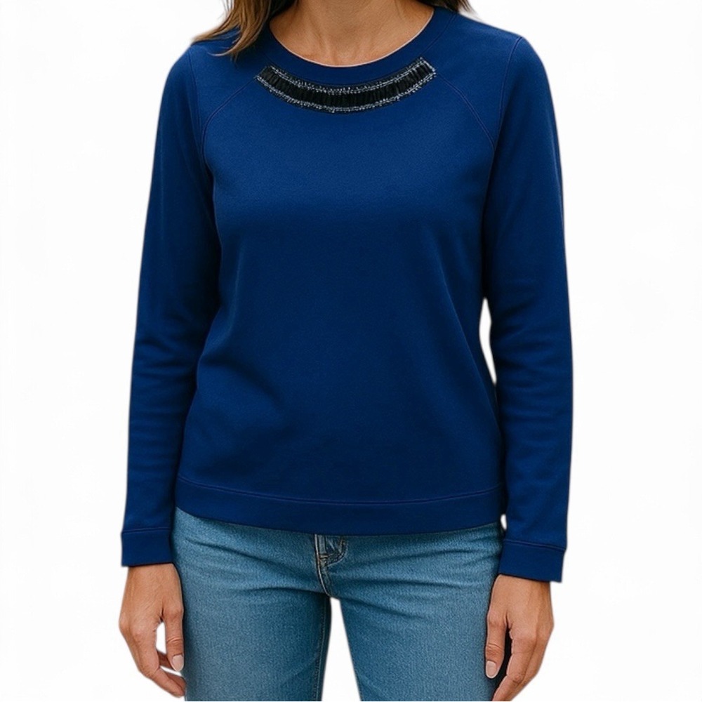 Susan Graver Embellished Neck Top Blue Long‎ Sleeve Blouse Women's Size Small